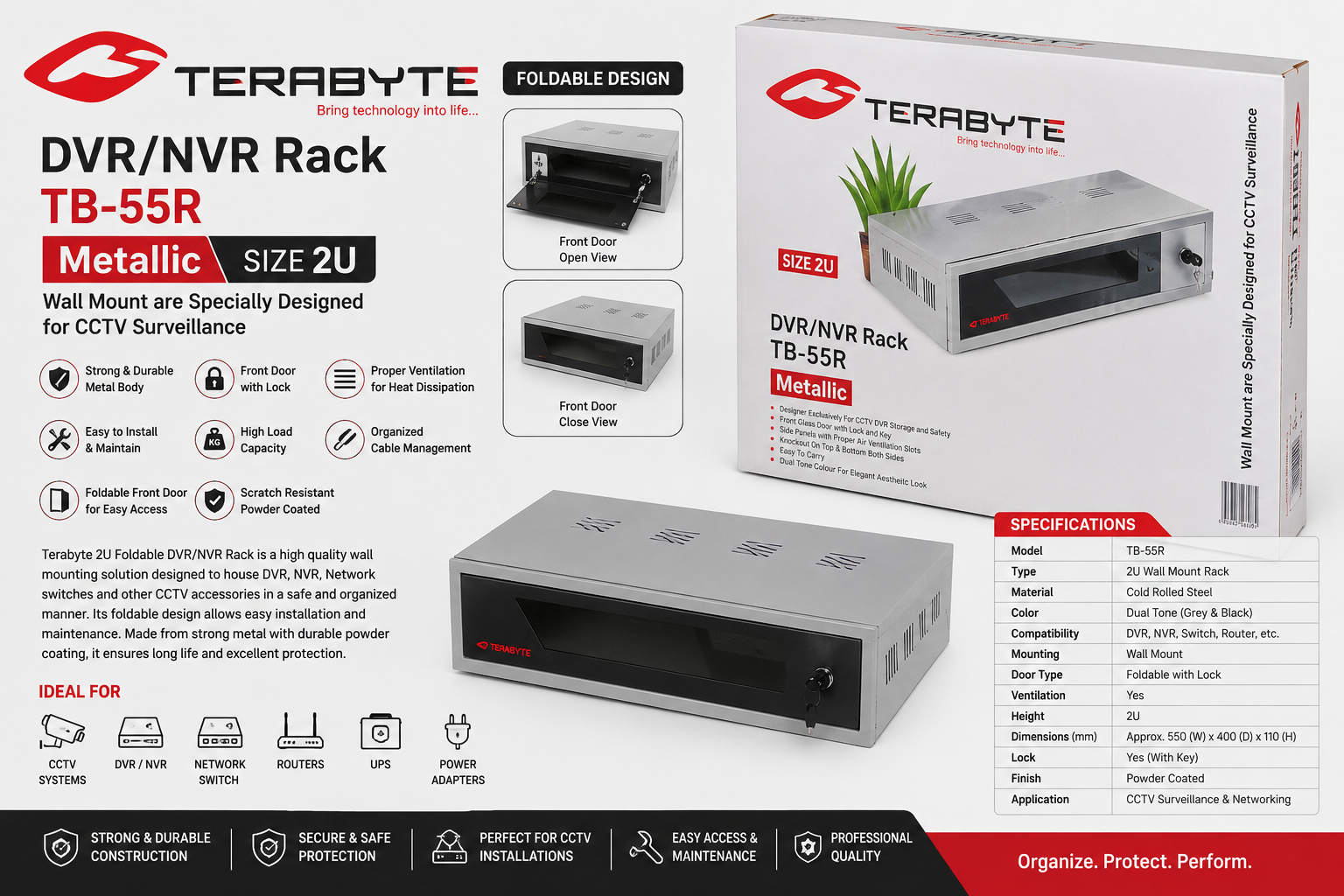 TERABYTE 2U Foldable DVR/NVR Rack | Wall Mount Metal Rack for CCTV Systems