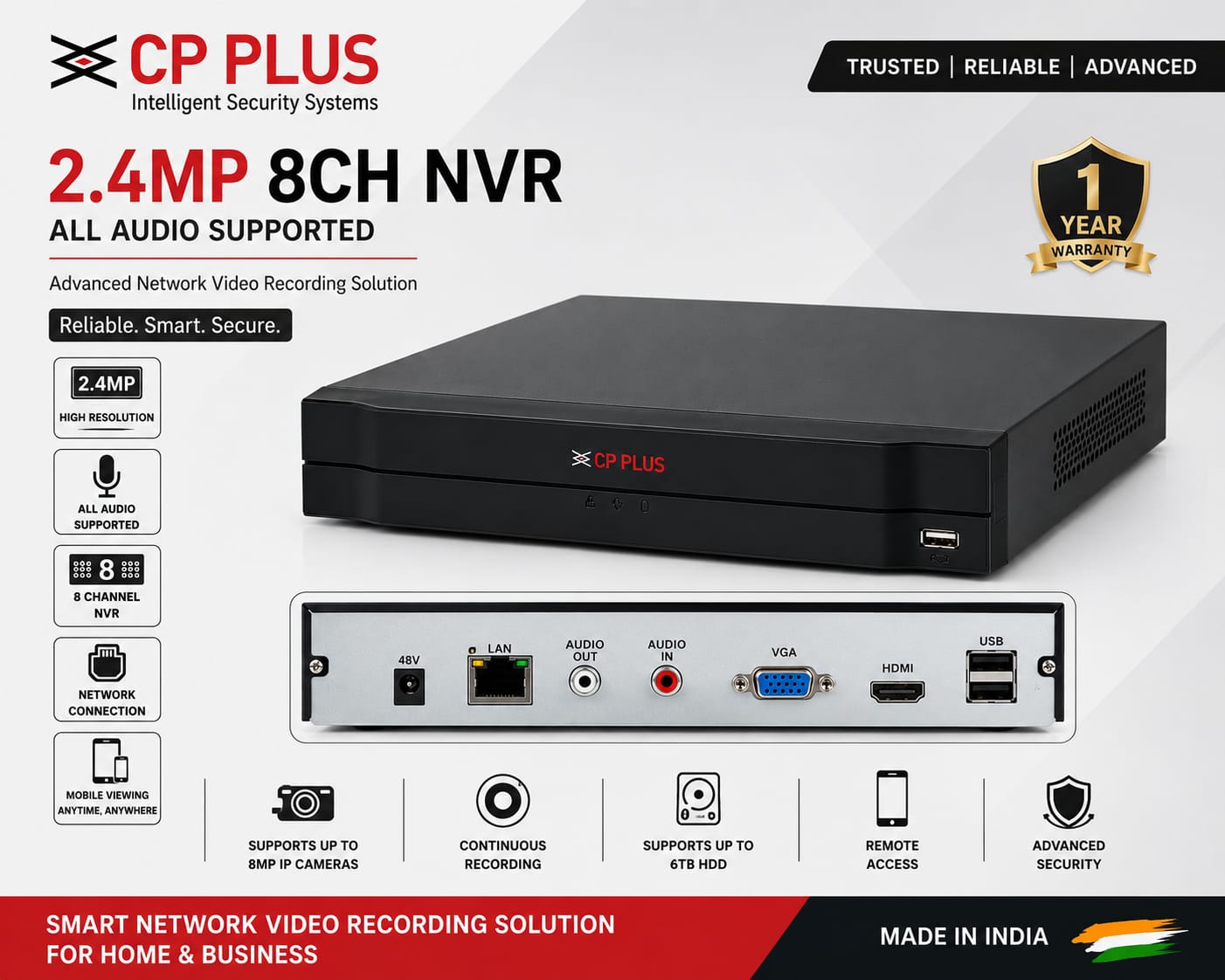 CP PLUS 2.4MP 8 Channel NVR – All Audio Supported | Smart Network Video Recorder