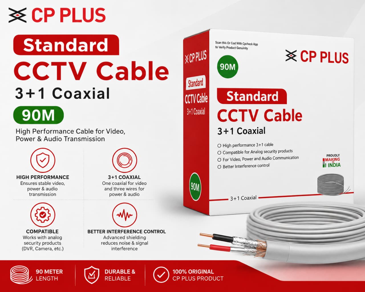 CP PLUS Standard CCTV Cable 3+1 Coaxial – 90 Meter